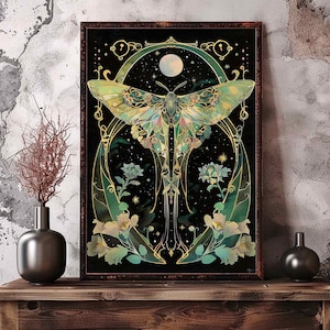 Jugendstil Grüne Motte Druck, BugsRetro Kunst Insekt Poster, Schmetterlinge Illustration, Goblincore Whimsigoth Wohnkultur, Goth Dunkle Motten Kunst