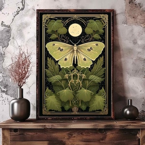 Retro Green Moth Poster, Insect Bugs Wall Art Butterflies Illustration, Goblincore Whimsigoth Home Decor, Cottagecore Dark Moths Print
