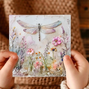 Cadeau grand-mère personnalisé style vintage fleurs sauvages libellule dentelle carte d'anniversaire français découpage délicat rétro imprimé papeterie
