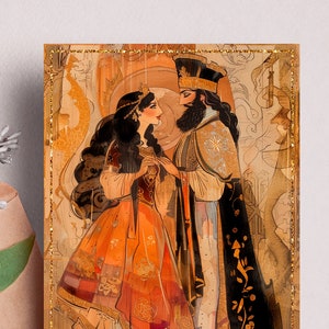 Glückliche Purim-Karte mit Königin Esther und Schmiede, bunte jüdische Kunst zur Dekoration und als Geschenk