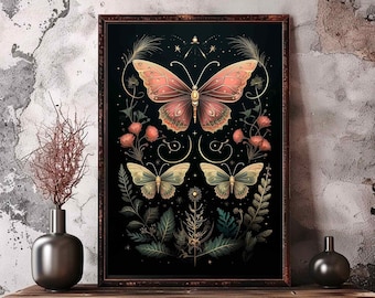 Cottagecore Motten Druck, Bugs Kunst, Retro Motte Insekt Poster, Schmetterlinge Illustration, Goblincore Whimsigoth Wohnkultur, Dunkle Motten Kunst