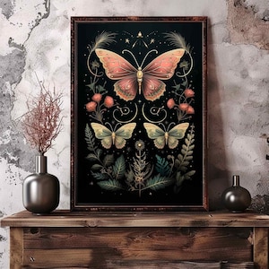 Cottagecore Moths Print, Bugs Art, Retro Moth Insect Poster, Butterflies Illustration, Goblincore Whimsigoth Home Decor, Dark Moths Art
