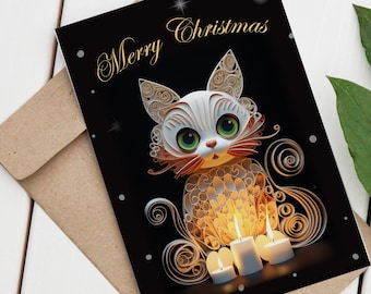 Chaton blanc comme neige avec bougie - Carte de Noël pour parents de chats et amoureux des chats, carte de Noël de vacances pour maman chat, carte 2D avec effet 3D