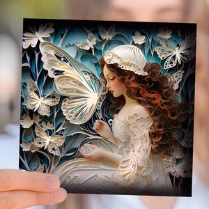 Carte d'anniversaire fée et papillons, voeux de fin d'année, cadeau Noël 2025 carte 2D avec impression effet 3D, fée elfe sauvageon