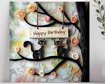 Personalised Black Cats Card Happy Birthday for Cat Mum Cat Parents, 2D card with 3D effect, Pack of Blank Cards for Cat Lovers