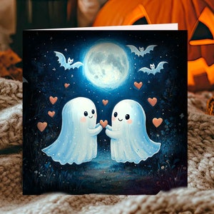 Fantômes amoureux d'Halloween mignons fantasmagoriques illustrés stationnaire voeux carte d'anniversaire cadeau pour ami petite amie anniversaire
