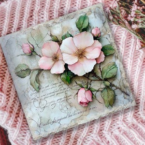 Vintage roos wenskaart Frans schrift en bloemen Decoupagekaart, romantische blanco kaart of verjaardagscadeau voor haar