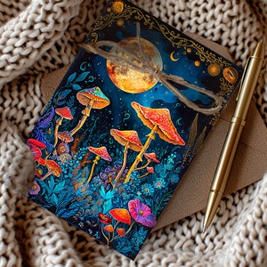 Magic Mushrooms Moon Card, Psychedelic Fungi Card Birthday, Surreal Toadstool Mushroom Pack of Blank Cards, Mycophile Cottagecore Halloween