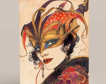 Purim Celebration Card with Vibrant Masks and Costumes, Colourful Jewish Art for Purim Decoration and Gift, Happy Purim Cards