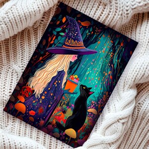 Carte de voeux personnalisée effrayante illustrée de sorcière avec un chat noir pour ami fille mère enfants cadeau Witchcore, cadeau d'Halloween