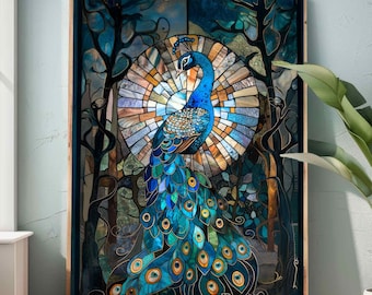 Påfågelfjädrar Väggkonst Gåva Illustration Påfågel Hem Art Nouveau Vardagsrum Badrum Hem Blå Dekor, Målat Glas Påfågel