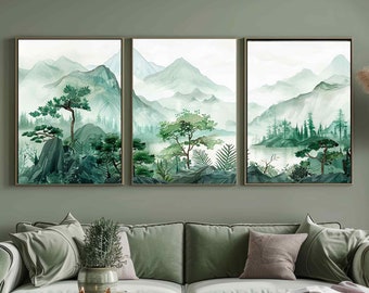Arte mural en tonos verde salvia oscuro, tríptico paisaje de las Montañas Verdes, impresión grande estilo acuarela, decoración minimalista para el hogar