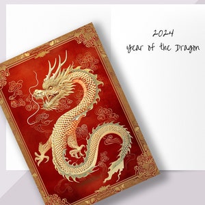 Carte Nouvel an chinois du dragon de bois, carte personnalisée Nouvel an lunaire 2024, carte dragon rouge or, carte d'anniversaire cadeau pour les amoureux des dragons