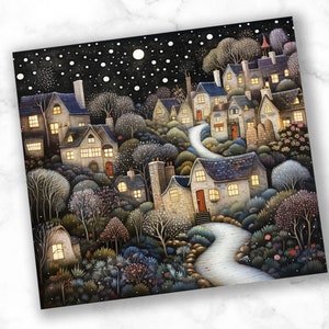 Carte de Noël Un village magique dans la neige, cartes de voeux de ville d'hiver lunatique Noël 2025, carte d'hiver magique de Noël de style 3D