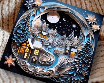 Carte de Noël de luxe Village enchanté, forêt enneigée, effet 3D cottages fantaisistes, papeterie personnalisée Noël 2025 magique hiver bois