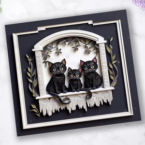 Christmas Gift for Cat Lovers and Cat Parents, Family of Black Cats in Window Personalised Greeting Card, Cute Birthday Card with 3D Effect