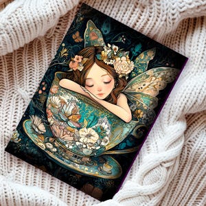 Cadeau d'anniversaire de fée dans une tasse de thé pour les amateurs de fées, carte d'art illustrée de voeux magiques pour papeterie Fairycore fille fille nièce