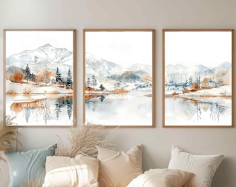 Set of 3 Mountain Prints Wall Art Customisable Warm Earthy Japandi, 3 Piece Large Wall Art, Nature Lake Triptych Digital Print Wall Decor