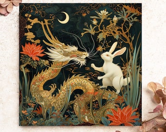 Gold Dragon Chasing Away White Rabbit Birthday Card for Dragon Lovers, D&D Fans Gift, Pack Blank Dragon Cards