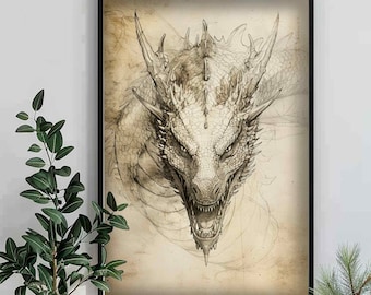 Fantasy Art Print Dragon Pencil Drawing, Large Dragon Vintage-style Painting, Dragon Wall Decor, Illustration Gift Dragon Lover