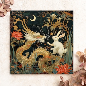 Gold Dragon Chasing Away White Rabbit Birthday Card for Dragon Lovers, D&D Fans Gift, Happy Chinese New Year 2024, Pack Blank Dragon Cards