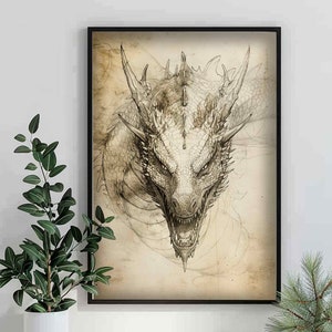 Dibujo a lápiz de dragón con estampado de arte de fantasía, pintura de estilo vintage de dragón grande, decoración de pared de dragón, regalo de ilustración amante del dragón