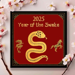 Tarjetas de felicitación para el Año Nuevo chino 2025 únicas con diseño tradicional en rojo y dorado, simbolismo cultural de la serpiente del zodíaco chino, tarjeta de felicitación sostenible