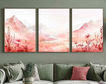 May include: Three watercolor paintings of a mountain landscape with pink and red hues. The paintings feature a mountain range with a river flowing through it, and a field of flowers in the foreground.