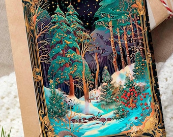 Cartes de Noël d'hiver de forêt d'hiver, cadeau magique 2025 de voeux de Noël au pays des merveilles d'hiver papeterie illustrée personnalisée