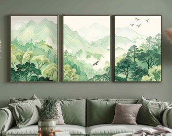 Arte mural de paisaje japonés, tríptico de montañas de color verde salvia oscuro, pósteres de naturaleza japonesa, impresión estilo acuarela.