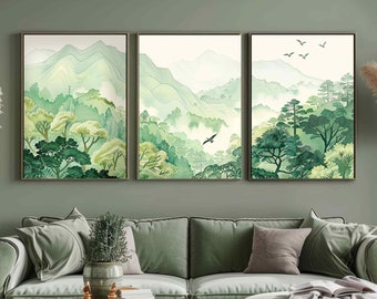 Ensemble d'art mural paysage japonais, triptyque art mural paysage montagnes vert sauge, affiches de la nature Japandi, paysage imprimé style aquarelle