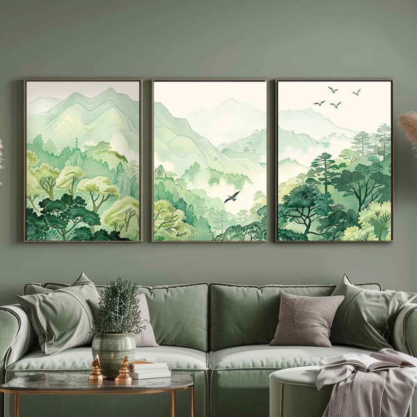 Set Wall Art Paesaggio giapponese, Trittico Dark Sage Green Mountains Landscape Wall Art, Japandi Nature Poster, Stampa stile acquerello