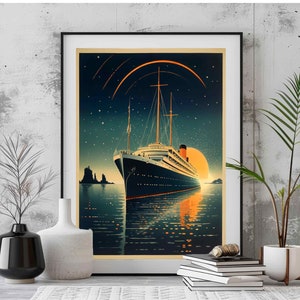 Art Deco Ozeandampfer Reise Poster Puderzimmer Wandkunst, Schiff Vintage Stil Badezimmer Dekor, Retro Dressing Room Print 20s Style