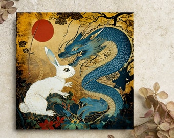 Dragon chassant le lapin blanc - Joyeux nouvel an chinois 2024, cartes de nouvel an chinois pour le nouvel an lunaire, carte d'anniversaire cadeau pour les amoureux des dragons