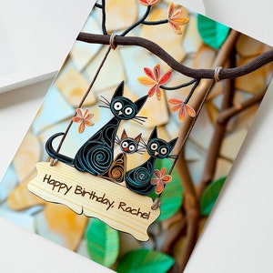 Fully Personalised Black Cats Card Happy Birthday, Sending Love to Cat Parents, 2D card with 3D effect, Pack of Blank Cards for Cat Lovers