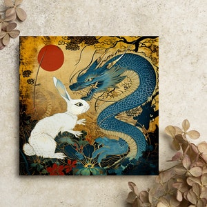 Dragon chassant le lapin blanc - Joyeux nouvel an chinois 2024, cartes de nouvel an chinois pour le nouvel an lunaire, carte d'anniversaire cadeau pour les amoureux des dragons