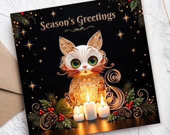 Cute Cat Christmas Gift for Cat Lover, Magical Christmas, Whimsical Kitten, Candlelight Christmas, 2D Printed Card, Festive Greetings