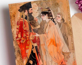 Happy Purim Card Featuring Queen Esther and Mordechai, Colourful Jewish Art for Purim Decoration and Gift