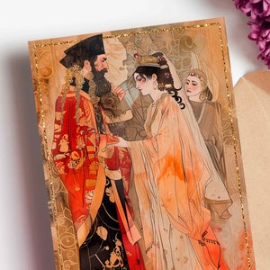 Carte Joyeux Pourim représentant la reine Esther et Mardochée, art juif coloré pour décoration et cadeau de Pourim