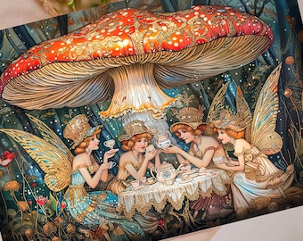 Tarjeta de cumpleaños para amantes de las hadas, regalo mágico personalizado para ella, papelería ilustrada con ilustraciones, fiesta de té de hadas, bosque caprichoso de hongos