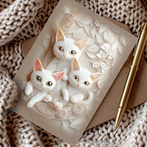 Jolie carte de chats blancs, joyeux anniversaire, envoyer de l'amour aux parents de chats, carte 2D imprimée avec effet 3D, lot de cartes vierges pour les amoureux des chats