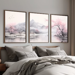 Perfect Housewarming Gift Triptych Delicate Wall Art, 3 Set Art Japanese Landscape, Grey Pink Landscape Prints Japandi Home Decor