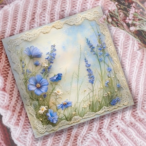 Tarjeta de felicitación con flores azules de estilo provenzal, tarjeta de cumpleaños campestre francesa, en blanco o personalizada, tarjeta floral rústica para ella o mamá.