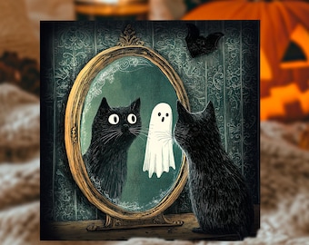 Black Cat sees Ghost Personalised Halloween Illustrated Spooky Greeting Card Gift for Her Friend Daughter Mother Kids Witchcore Gift