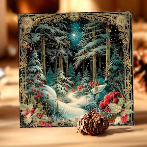 Cartão personalizado com floresta de Natal encantada, presente de Natal para o país das maravilhas do inverno, Natal mágico de 2025, papelaria ilustrada com Boas Festas de 2026