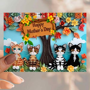 Gepersonaliseerde Moederdagkaart van dochter, aangepaste kattenmoedergroet, 3D-effect afgedrukt, perfect cadeau voor kattenminnende moeder, volledig geïllustreerd
