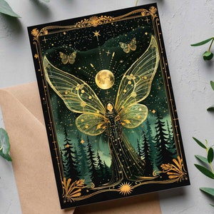 Cartas del Tarot personalizadas estilo Hada Alas doradas Art Nouveau Papelería personalizada, Tarjeta de cumpleaños Whimsigoth Ilustración gótica en oro negro Regalo
