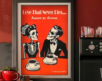 Rolig vintage-affisch med retrokaffe från 1950-talet, flirtande skelettälskare, kuslig konst, dekoration för kökskaffestationen