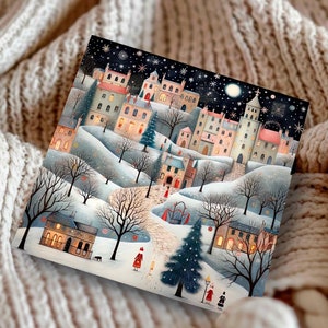 Village d'hiver personnalisé Noël 2025 dans la neige Cartes de voeux de Noël village enchanté, papeterie d'anniversaire magique d'hiver