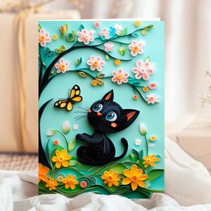 Personalisierte schwarze Kätzchen Geburtstagskarte, süßes Katzenliebhaber Geschenk, einzigartige illustrierte Katzenkarte für sie benutzerdefinierten Namensgruß der Kinder